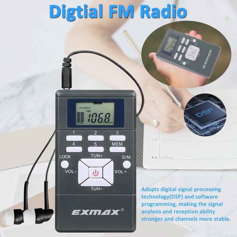 EXMAX E108 Wireless Stereo FM Radio Receiver - Portable Pocket Mini With Earbuds, LCD Clock for Translator Tour Guide System, Jogging, Running, Walking, Yardwork - Gray - Image 3